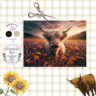 Decoupage Highland Cow Sunset Flowers Tissue Paper