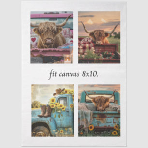 Decoupage Highland Cow Truck 8 x 10 Canvas Tissue Paper