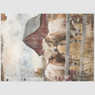 Decoupage Highland Cows Sage Grass Red Barn Tissue Paper