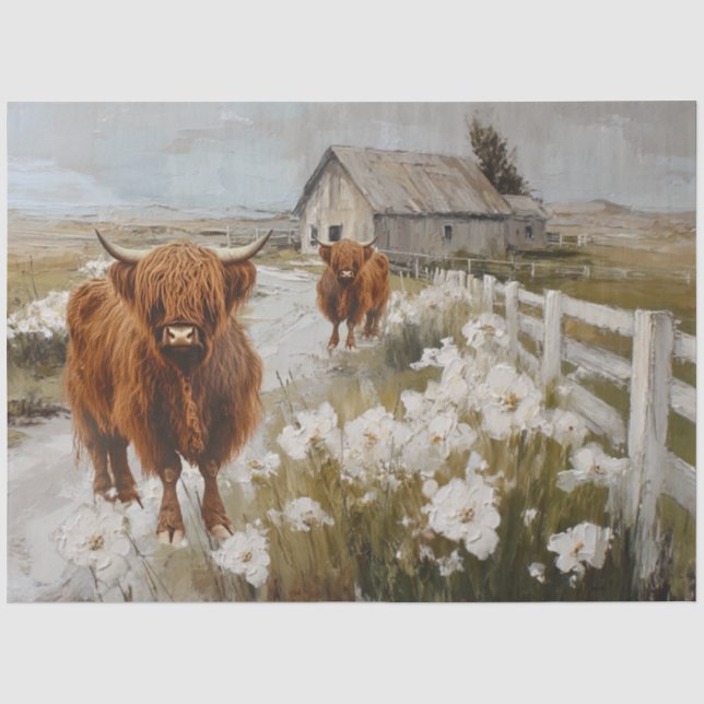 Decoupage Highland Cows Walking Down Country Road  Tissue Paper (Front)