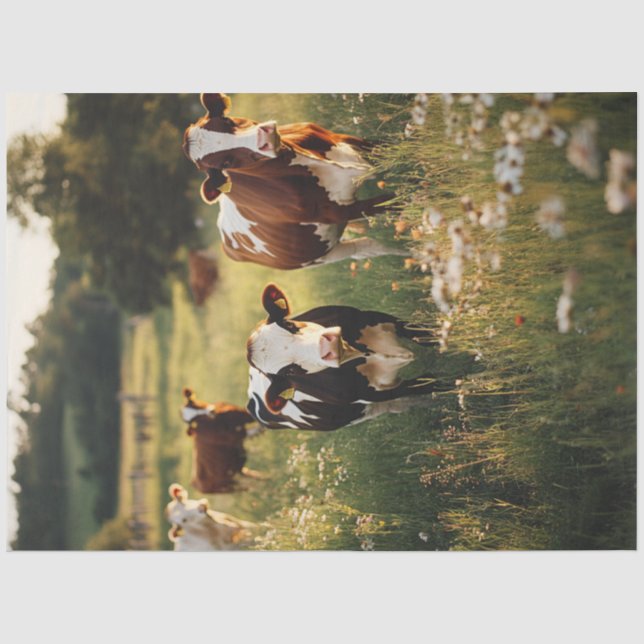 Decoupage Holstein Cows Standing Field Flowers  Tissue Paper (Front)