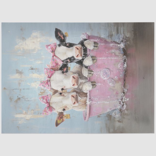 Decoupage Jersey Cows in Bubble Bath Pink Tub  Tissue Paper (Front)