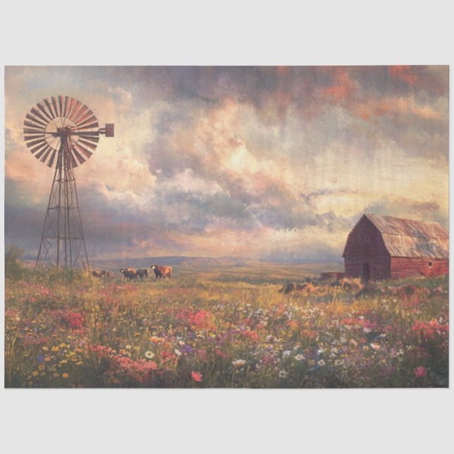 Decoupage Landscape Windmill Red Barn Wildflowers  Tissue Paper (Front)