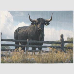 Decoupage Large Black Brahman Bull in Field  Tissue Paper