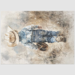 Decoupage Lil Cowboy in Field Walking Away  Tissue Paper