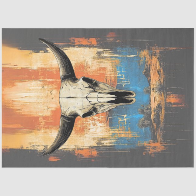 Decoupage LongHorn Steer Poster Orange, Blue  Tissue Paper (Front)