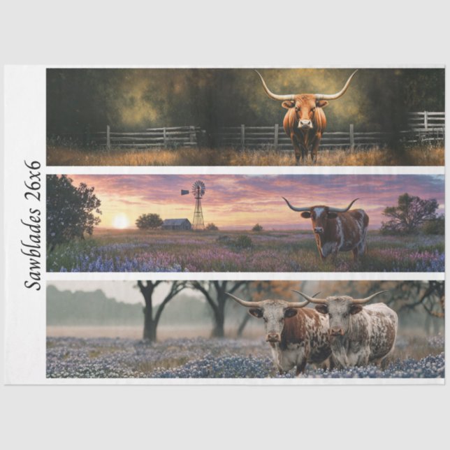 Decoupage Longhorn Wester Papers Sawblades Tissue Paper (Front)
