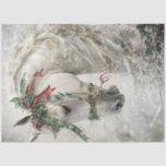 Decoupage Magical White Horse Winter Wonderland Tissue Paper<br><div class="desc">A majestic white horse, adorned with a festive garland of holly and ribbons, stands amidst a wintery scene. A magical painting of a white horse adorned with a festive garland of holly and ribbons. The horse stands amidst a wintery scene, with snow gently falling around it. The artist's use of...</div>