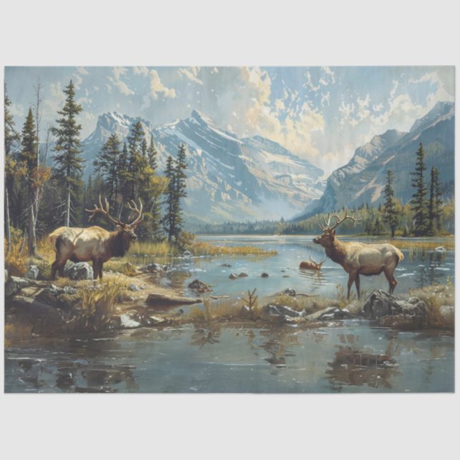 Decoupage Mountains Wildlife Moose in Stream  Tissue Paper (Front)