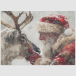 Decoupage Mystical Santa & Rudolph Nose to Nose Tissue Paper<br><div class="desc">The image depicts a person dressed in a traditional Santa Claus costume, seated in an ornate chair. The costume includes a red suit with white fur trim, a black belt with a gold buckle, and black boots. The individual is wearing white gloves and has a full white beard. Next to...</div>