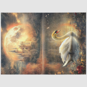 Decoupage Night Scene Moon Castle Swan in Lake  Tissue Paper