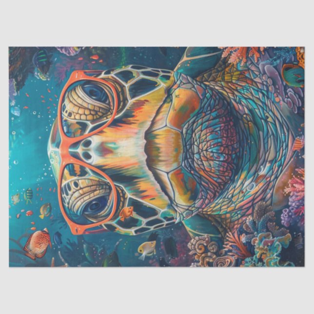 Decoupage of Spectacled Sea Turtle with Glasses  Tissue Paper (Front)