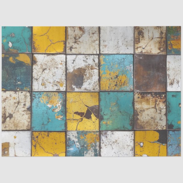 Decoupage Patchwork Blue Brown Yellow Background Tissue Paper (Front)