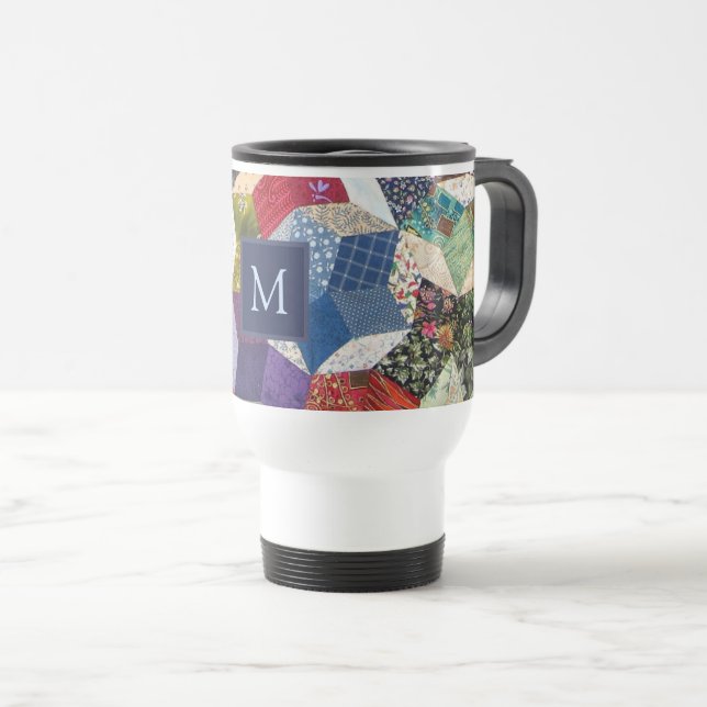 Decoupage Patchwork Stars Pattern Monogram Travel Mug (Front Right)