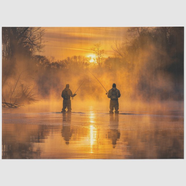 Decoupage Picturesque Landscape Men Fishing  Tissue Paper (Front)