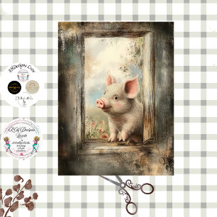Decoupage Piglet in Rustic Window Story Book  Tissue Paper