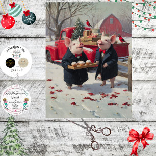 Decoupage Piglets Celebrating Christmas on Farm Tissue Paper