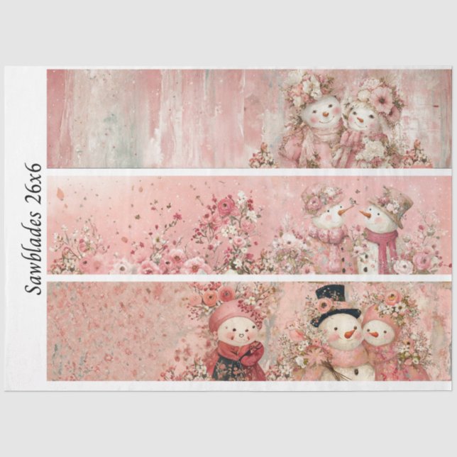 Decoupage Pink Floral Snowman Handsaw Panels  Tissue Paper (Front)
