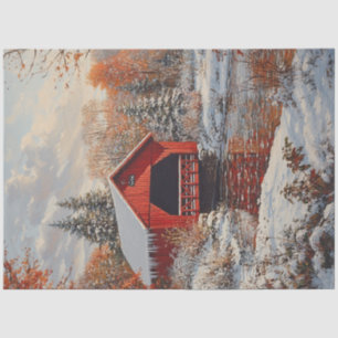 Decoupage Red Covered Bridge Winter Scene Tissue Paper