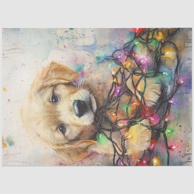 Decoupage Retriever Puppy Wrapped Christmas Light  Tissue Paper (Front)