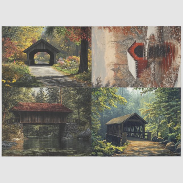Decoupage Set of 4 Covered Bridges  Tissue Paper (Front)