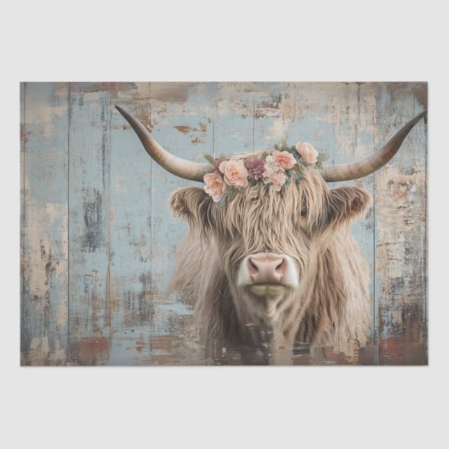 Decoupage Shaggy Highland Cow Peach Flower Tissue Paper (Front)
