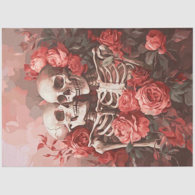 Decoupage Skeleton Couple in Peach and Red Roses Tissue Paper (Front)