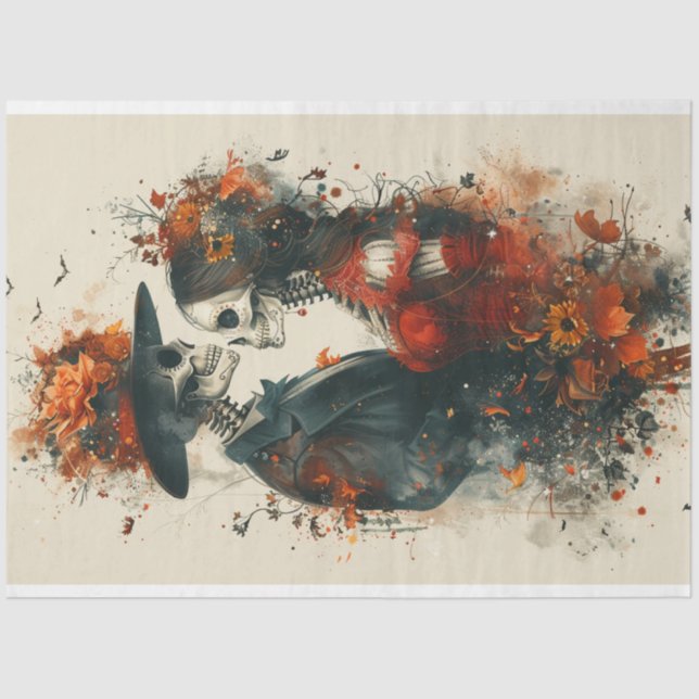 Decoupage Skeleton Couple Victor & Eliza in Red Tissue Paper (Front)