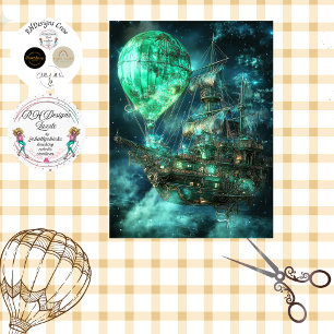 Decoupage Steampunk Blue Airship Air Balloon  Tissue Paper