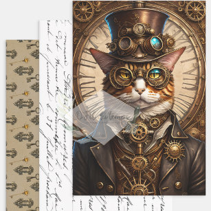 Decoupage Steampunk Cat Wrapping Paper Sheet