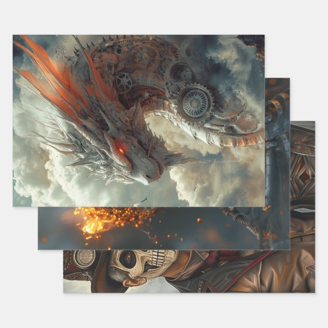 Decoupage Steampunk Dragon, Skull, & Couple  Wrapping Paper Sheet (Set)