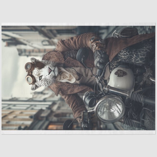 Decoupage Steampunk Leo Leopard Motorcycle Rider Tissue Paper (Front)