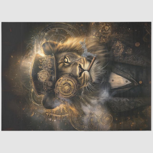 Decoupage Steampunk Lion Intricate Gears Cigar  Tissue Paper (Front)
