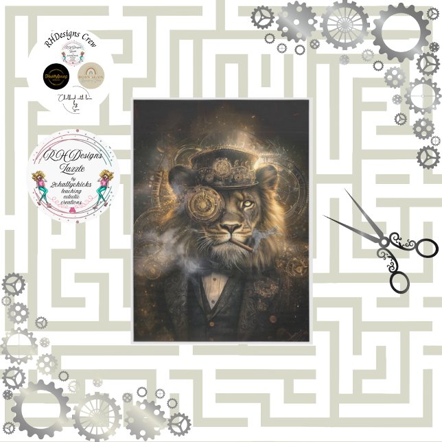 Decoupage Steampunk Lion Intricate Gears Cigar  Tissue Paper (Creator Uploaded)