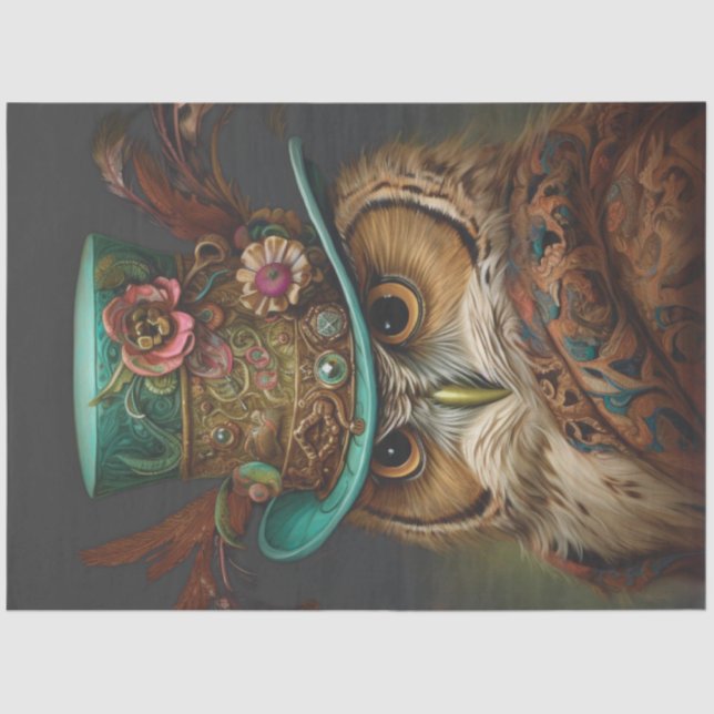 Decoupage Steampunk Owl Teal & Feathered Hat Tissue Paper (Front)