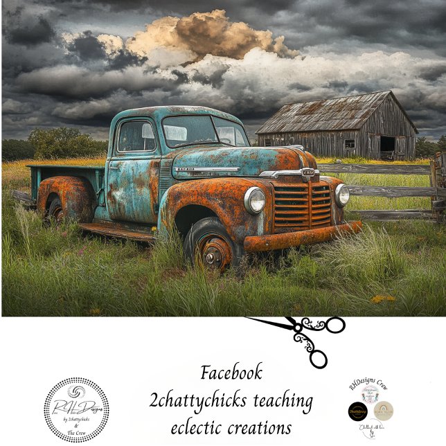 Decoupage Stormy Sky Rusty Teal Truck Barn Scene Tissue Paper (Creator Uploaded)