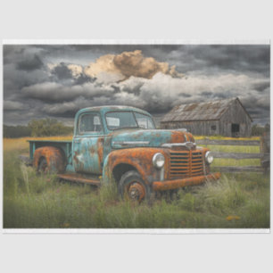 Decoupage Stormy Sky Rusty Teal Truck Barn Scene Tissue Paper
