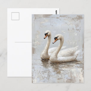 Decoupage Swan Pair Oil Painting Postcard