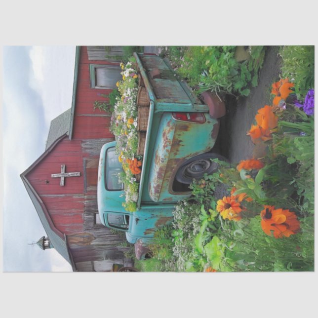 Decoupage Teal Truck Loaded with Flowers Red Barn Tissue Paper (Front)