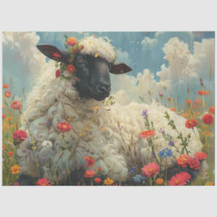 Decoupage Textured Wildflower Sheep in a Field Art Tissue Paper