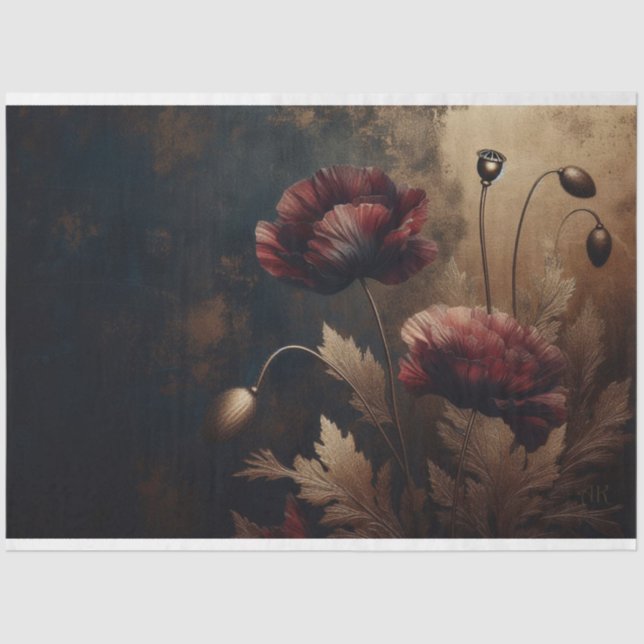 Decoupage Tissue Paper Crimson Gold Poppy Flower (Front)