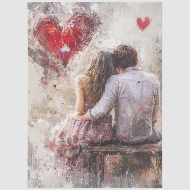 Decoupage Valentine Couple Bench Heart Love  Tissue Paper (Front)