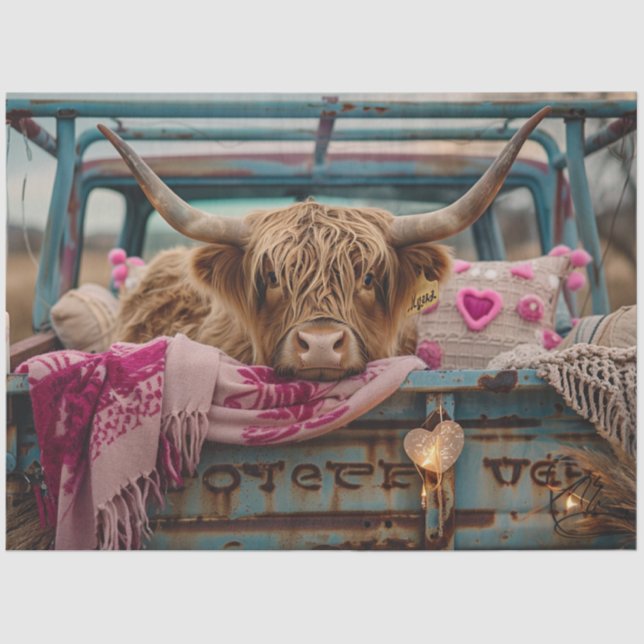 Decoupage Valentine Highland Cow Vintage Truck  Tissue Paper (Front)