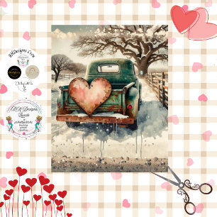 Decoupage Valentine Marry Me Vintage Green Truck  Tissue Paper