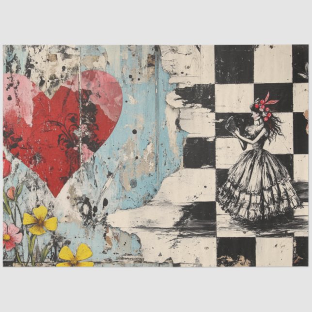 Decoupage Valentine Red Heart Chequered Pattern  Tissue Paper (Front)