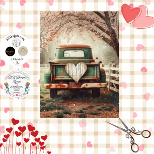 Decoupage Valentine Vintage Green Truck  Tissue Paper