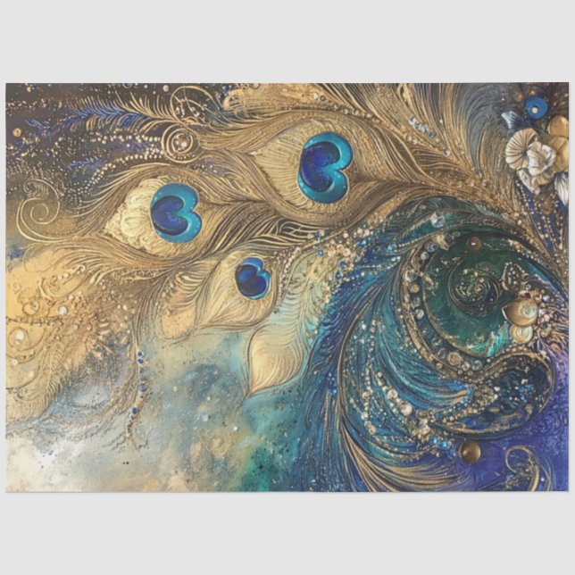 Decoupage Vibrant Peacock Feather Motif  Tissue Paper (Front)