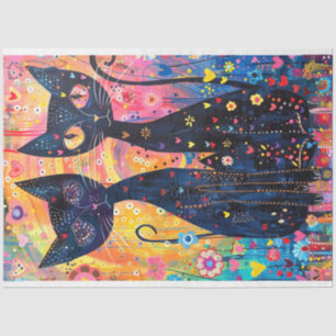 Decoupage Vibrant Pink Yellow Blue Cats Art Piece Tissue Paper