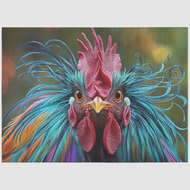 Decoupage Vibrant Rooster Multicolored Feathers  Tissue Paper (Front)
