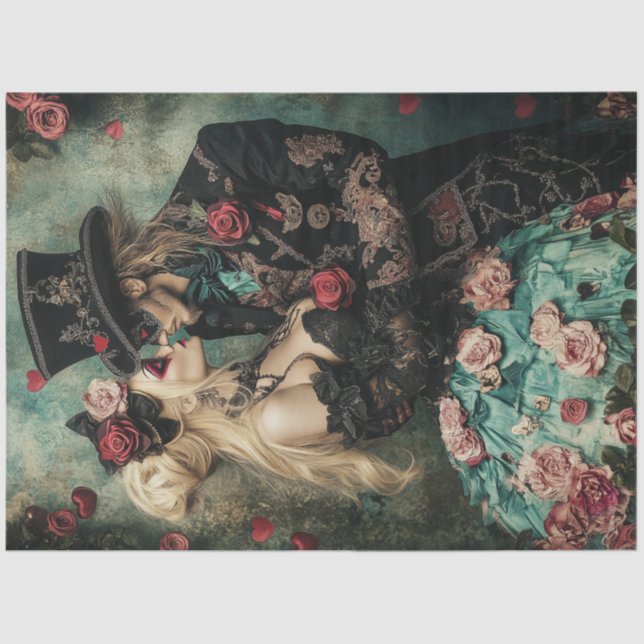 Decoupage Victorian Couple Red & Black Valentine  Tissue Paper (Front)